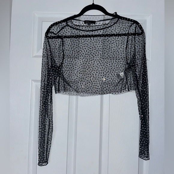 Kylie Long Sleeve Embellished Rhinestone Crop Top - Picture 1 of 2